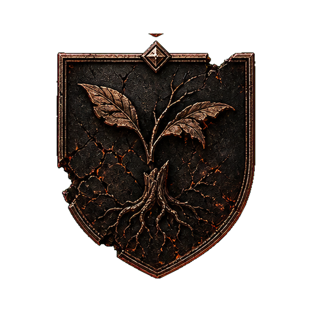 Escudo Caído do Clã Acólitos, broto corrompido e raiz ferida