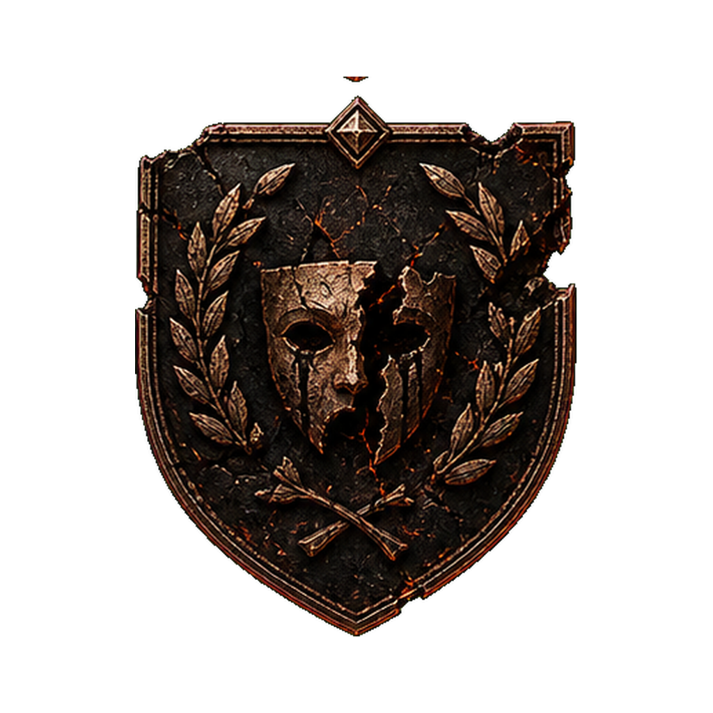 Escudo Caído do Clã Gladiadores, máscara rachada e louros caídos