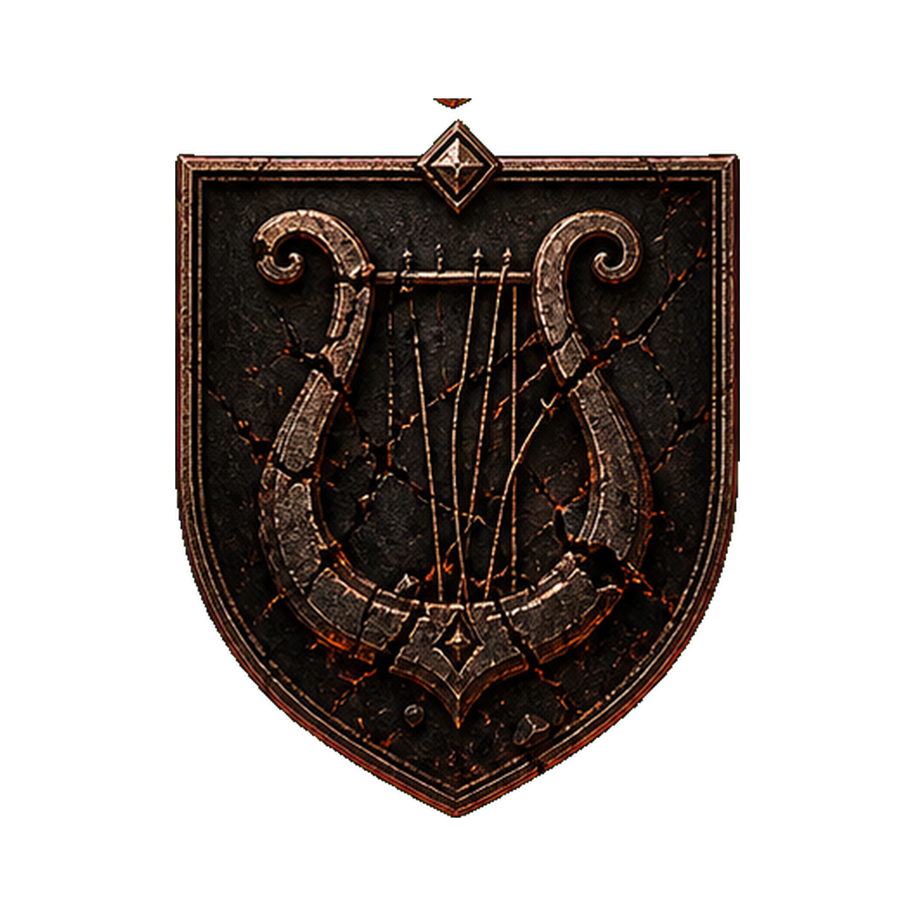 Escudo Caído do Clã Bardos, lira quebrada e voz corrompida