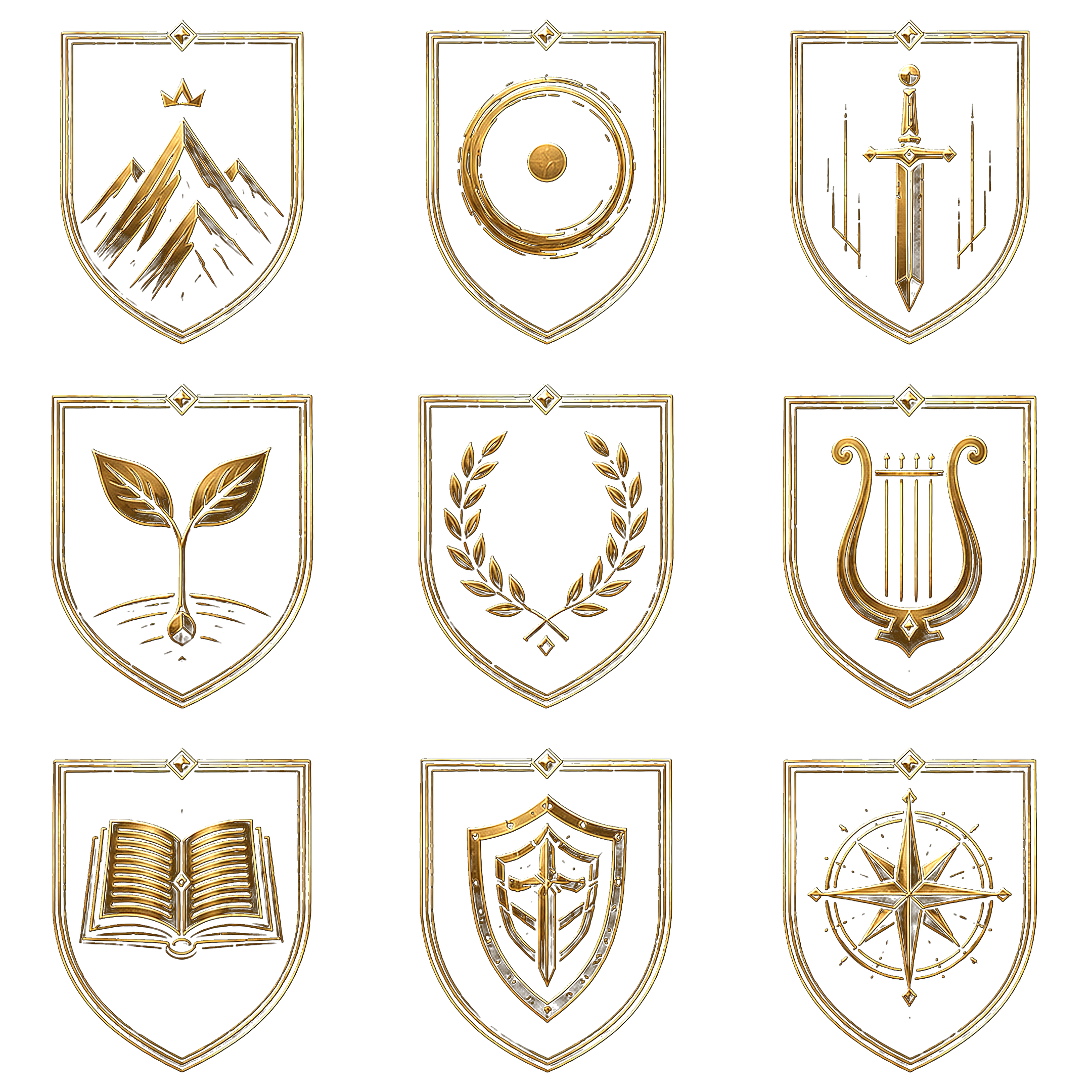 Spritesheet com os nove escudos dos Clãs da Identidade Lendária