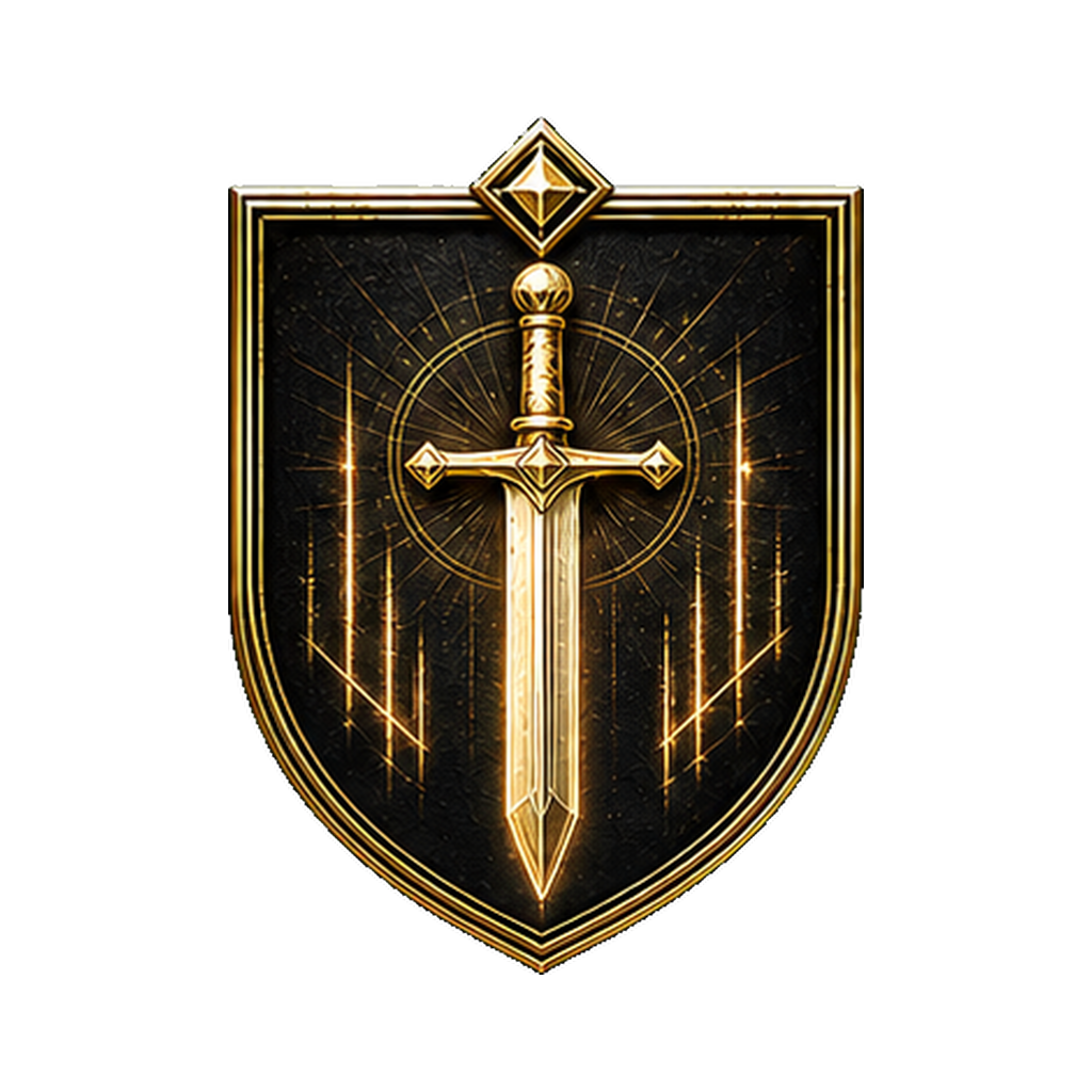 Escudo Elevado do Clã Paladinos, espada sagrada em luz dourada
