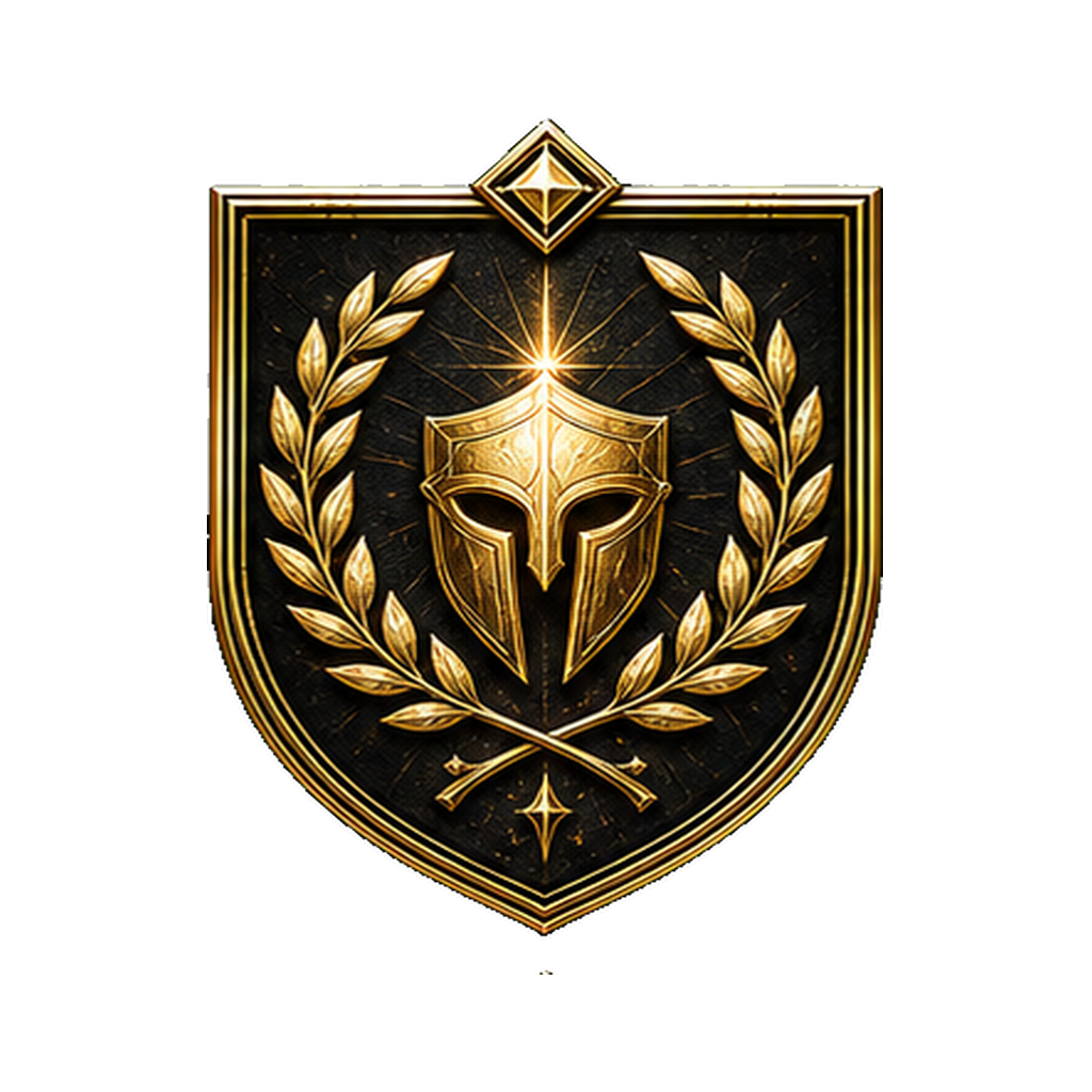 Escudo Elevado do Clã Gladiadores, elmo e louros em glória dourada