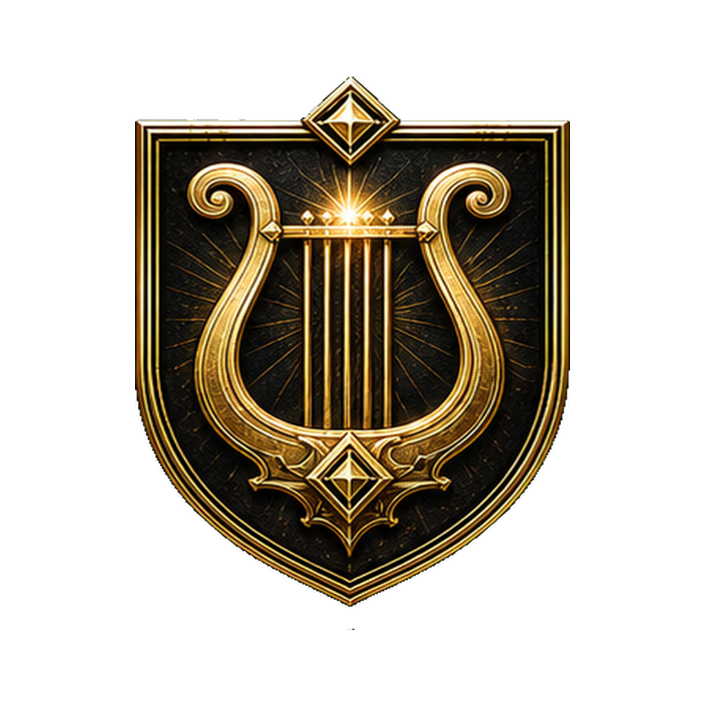 Escudo Elevado do Clã Bardos, lira elevada em brilho dourado